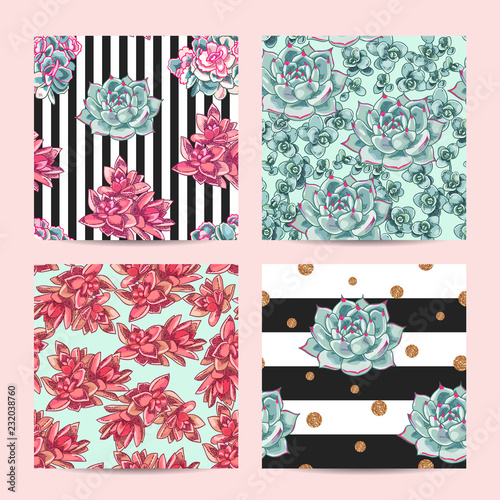 Floral seamless pattern set. Collection of botanical illustrations. Succulents decoration design.