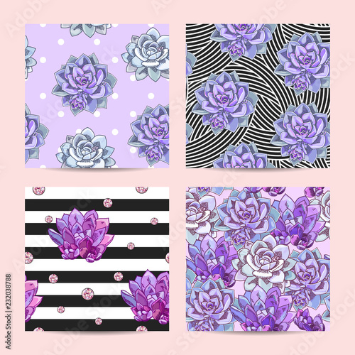 Floral seamless pattern set. Collection of botanical illustrations. Succulents decoration design.