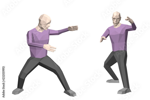 Kung fu	low poly man. Isolated on white background. 3d vector illustration. Different viewes.