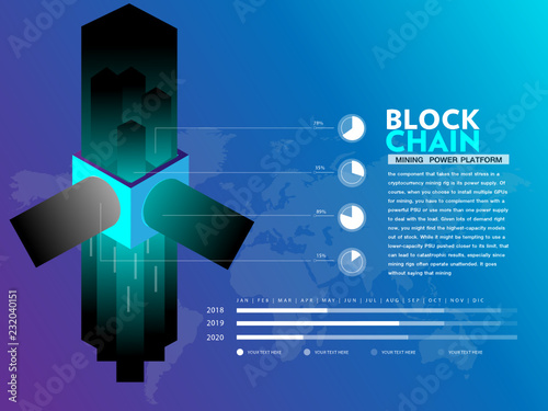 Blockchain and cryptocurrency with mining platform with fan style on blue background