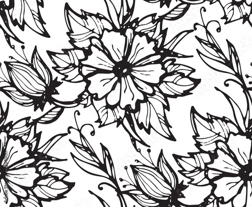 Hand drawn floral pattern with flowers and leaves