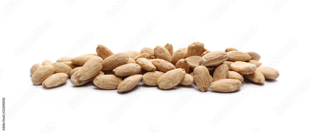 Blanched almonds, pile, isolated on white background