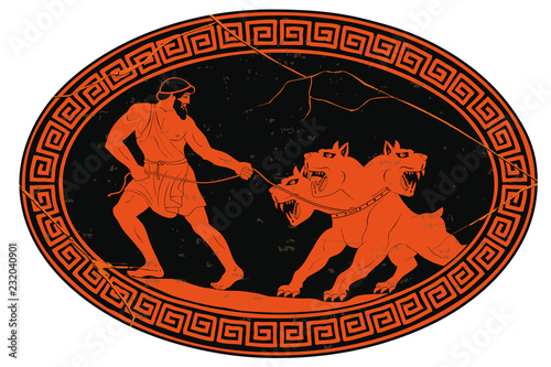 Hercules abducts Cerberus from Hell. Oval medallion isolated on a white background.