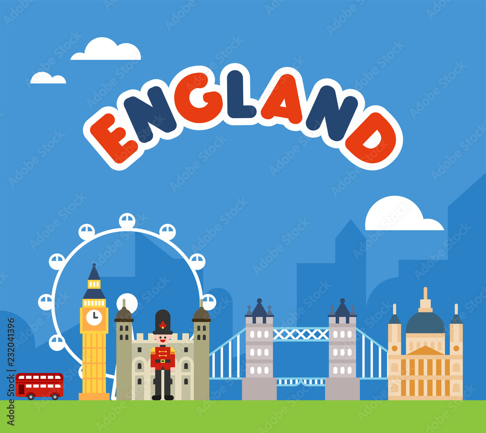 UK landmark background post card concept flat design style vector graphic illustration.