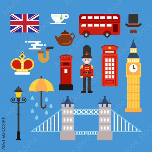 Various objects and icons that symbolize England. flat design style vector graphic illustration.