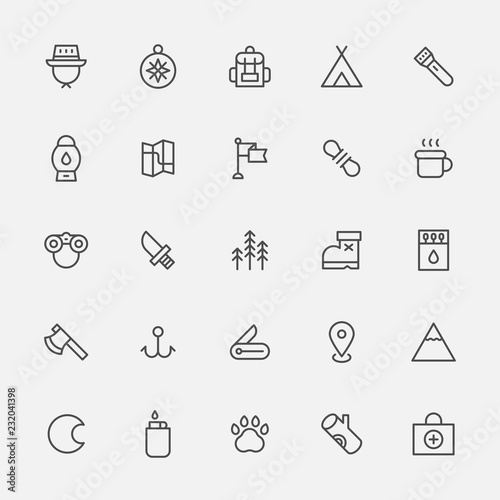 black line expedition icon set. flat design style vector graphic illustration.