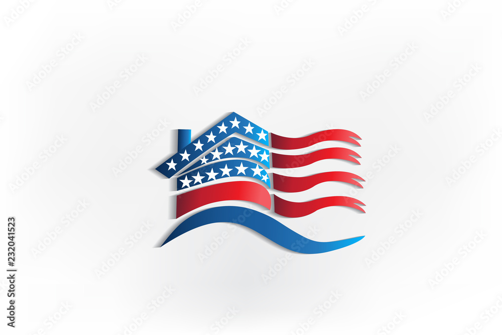 Logo house USA flag waving identity business id card icon Logo house USA flag waving identity business id card icon