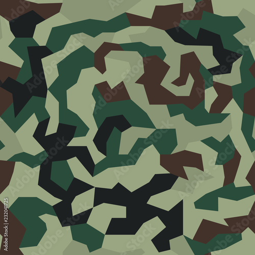 Camouflage with geometric pattern, seamless texture. Abstract trendy wallpaper in military style. Green khaki color background.