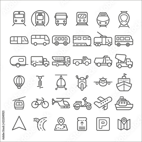 Transport icons simple and thin line design.Contains such Icons as Bus, Bike, Scooter, Car, balloon,Truck, Tram, Airplane and more. customize color, stroke width control , easy resize.