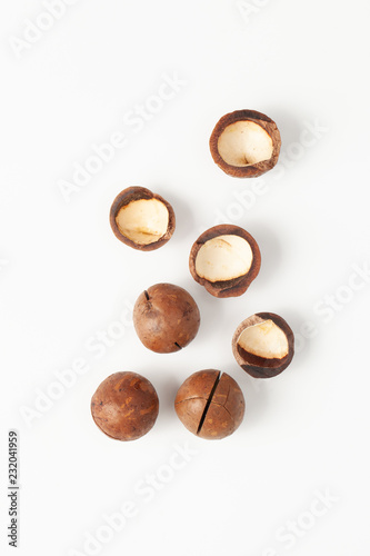 Macadamia nuts are unshelled with shells on white background