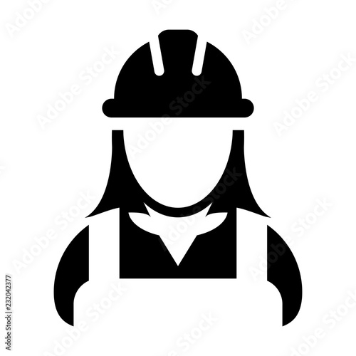 Worker icon vector female construction service person profile avatar with hardhat helmet in glyph pictogram illustration