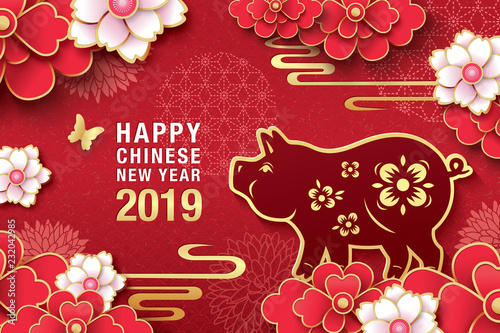 Chinese new year 2019 greeting design, traditional chinese zodiac pig year paper art and blossom flowers background 