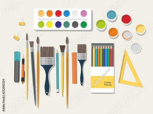  Paints, brushes, pencils. Back to school
