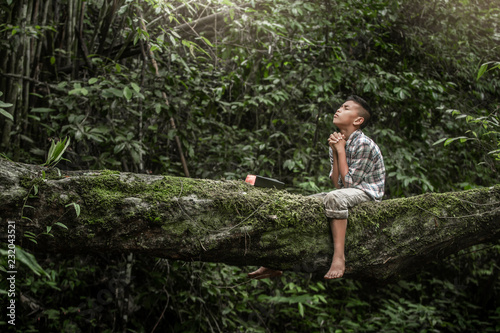 Boy read bible and praying on tree with natural background