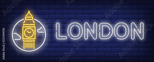 London neon sign. Big ben in circle on brick wall background. Vector illustration in neon style for travel signs and billboards