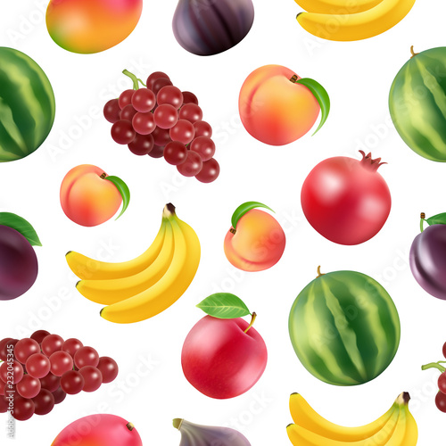 Fototapeta Naklejka Na Ścianę i Meble -  Vector color realistic fruits and sweet berries pattern or background illustration