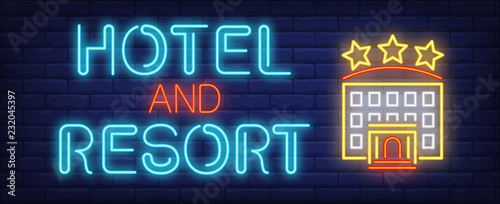 Hotel and resort neon sign. Glowing inscription with hotel building with three stars on dark blue brick background. Can be used for booking systems, advertisement, hospitality