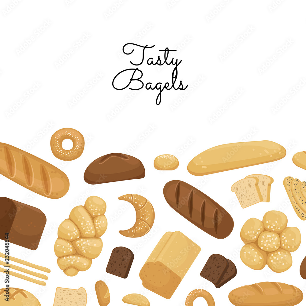 Vector cartoon bakery elements background with place for text illustration. Fresh food on white Vector cartoon bakery elements background with place for text illustration. Fresh food on white