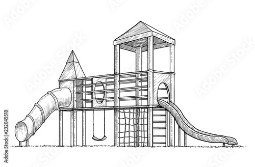 Playground illustration, drawing, engraving, ink, line art, vector