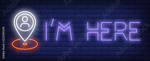 Location neon sign. Glowing inscription with geotag on dark blue brick background. Can be used for internet, gps, navigation, chatting