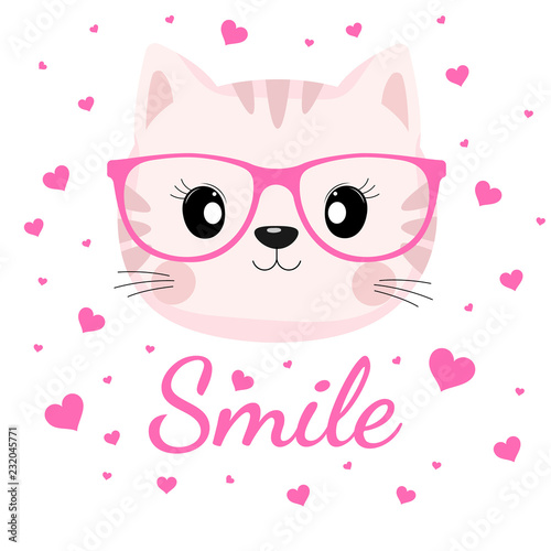 Lovely cat face in glasses with pink hearts on white background.