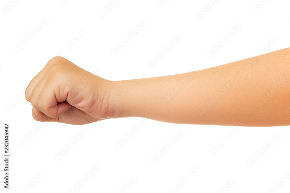 Human hand in fist, punch or griping gesture isolate on white background with clipping path, High resolution and low contrast for retouch or graphic design