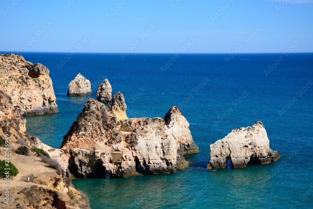 Elevated view of the cliffs with views across the ocean, Praia da Rocha, Portimao, Portugal.