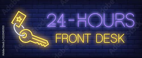 Twenty four hours front desk neon sign. Glowing inscription with key on dark blue brick background. Can be used for hotels, information desk, room service