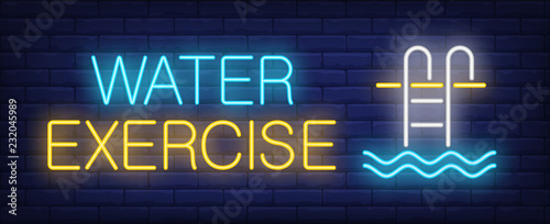 Water exercise neon sign. Glowing inscription with pool stair and water on dark blue brick background. Can be used for topics like aqua aerobics, pool exercises, gym, fitness