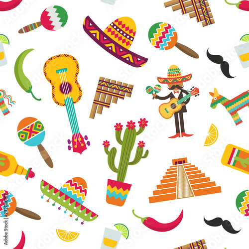 Vector flat colored mexico attributes set pattern or background illustration