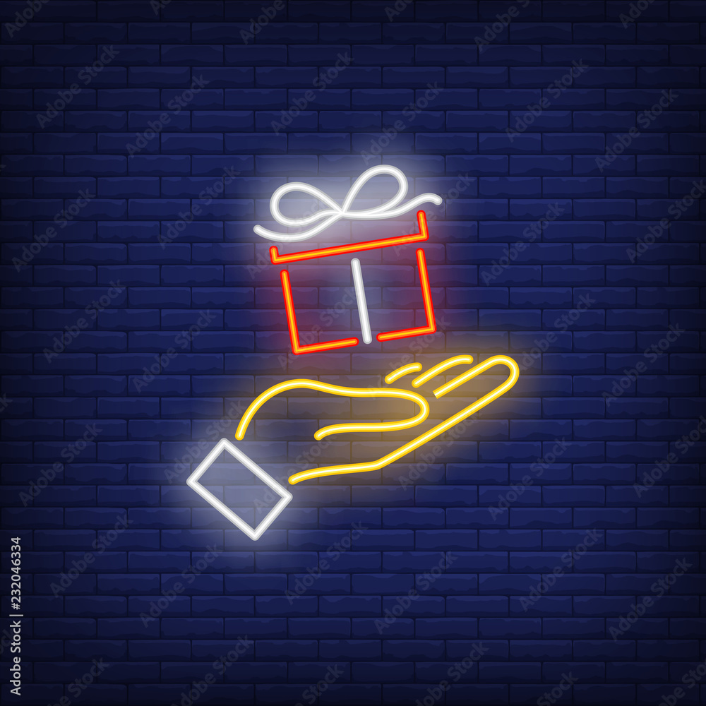 Gift box above palm neon sign. Holiday advertisement design. Night bright  neon sign, colorful billboard, light banner. Vector illustration in neon  style. Stock Vector | Adobe Stock