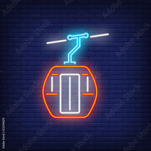 Funicular neon sign. Ski resort, winter sport and advertisement design. Night bright neon sign, colorful billboard, light banner. Vector illustration in neon style.