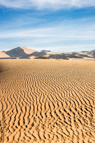 Sand dune surface against blue sky and Sossusvlei dunes on the horizon.