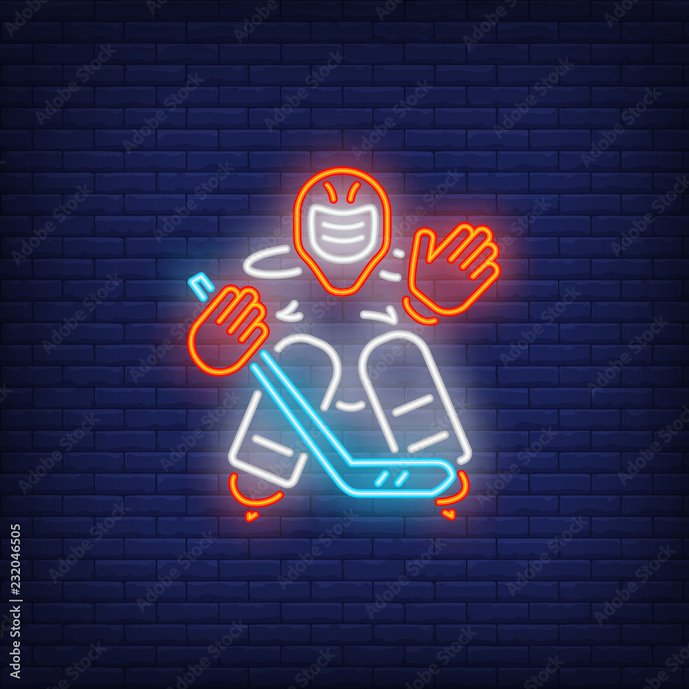 Hockey goalkeeper neon sign. Hockey advertisement design. Night bright