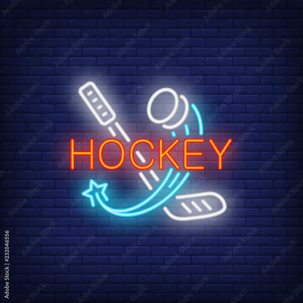 Hockey neon text with stick and flying puck. Hockey advertisement