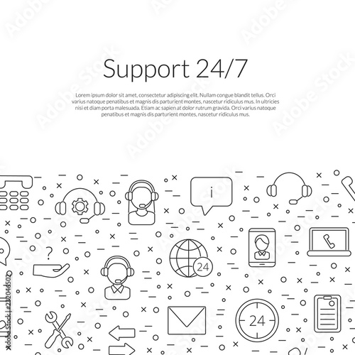 Vector line call support center icons background with place for text illustration. Line art style web banner