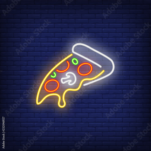 Slice of pizza neon sign. Pizzeria advertisement design. Night bright neon sign, colorful billboard, light banner. Vector illustration in neon style.