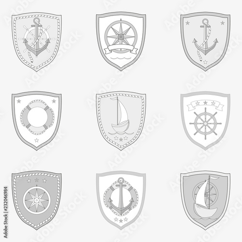 Vintage monochrome marine labels set with ships vessels boats steering wheel anchor navigational compass isolated vector illustration