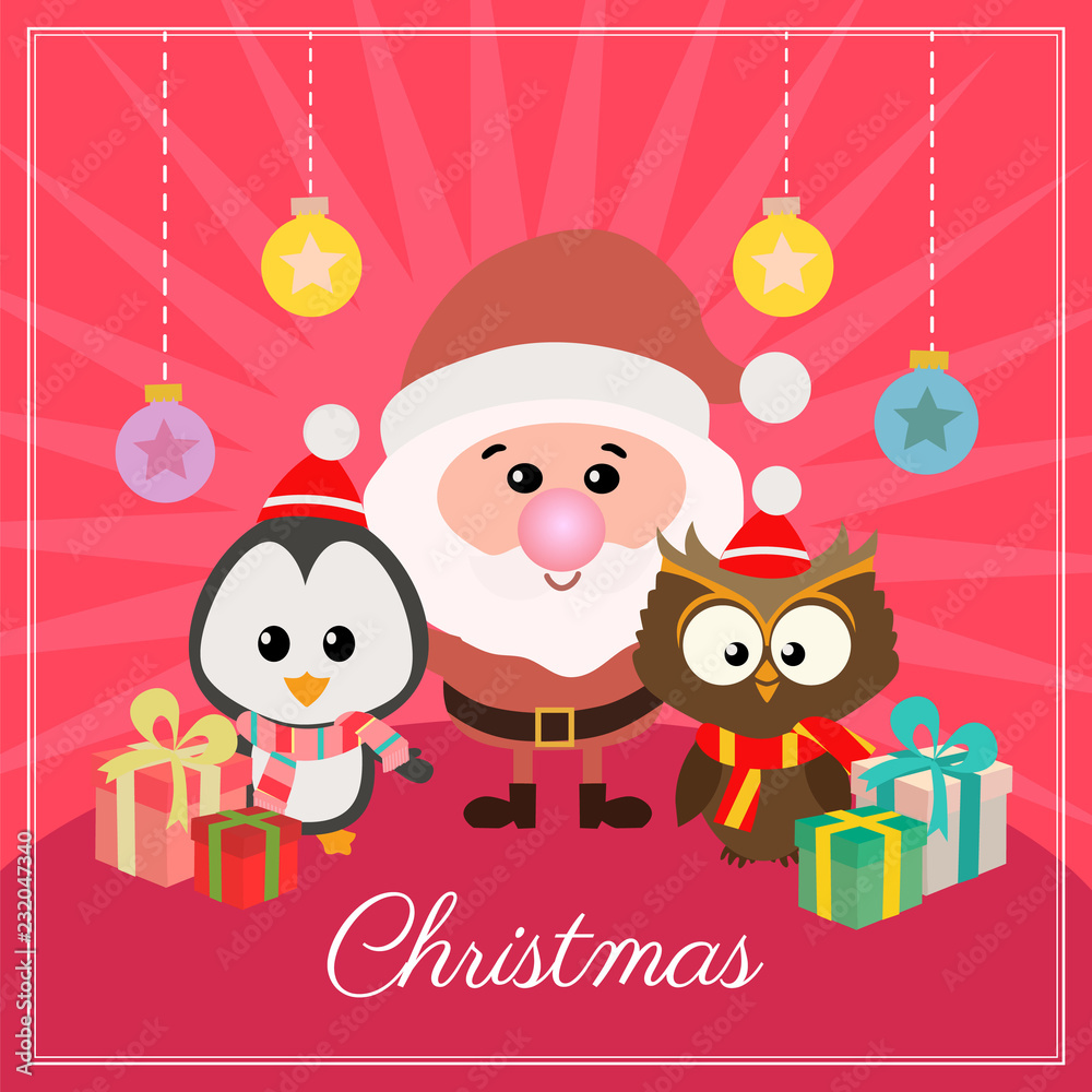 flat style christmas card with gift box and penguin owl santa flat style christmas card with gift box and penguin owl santa