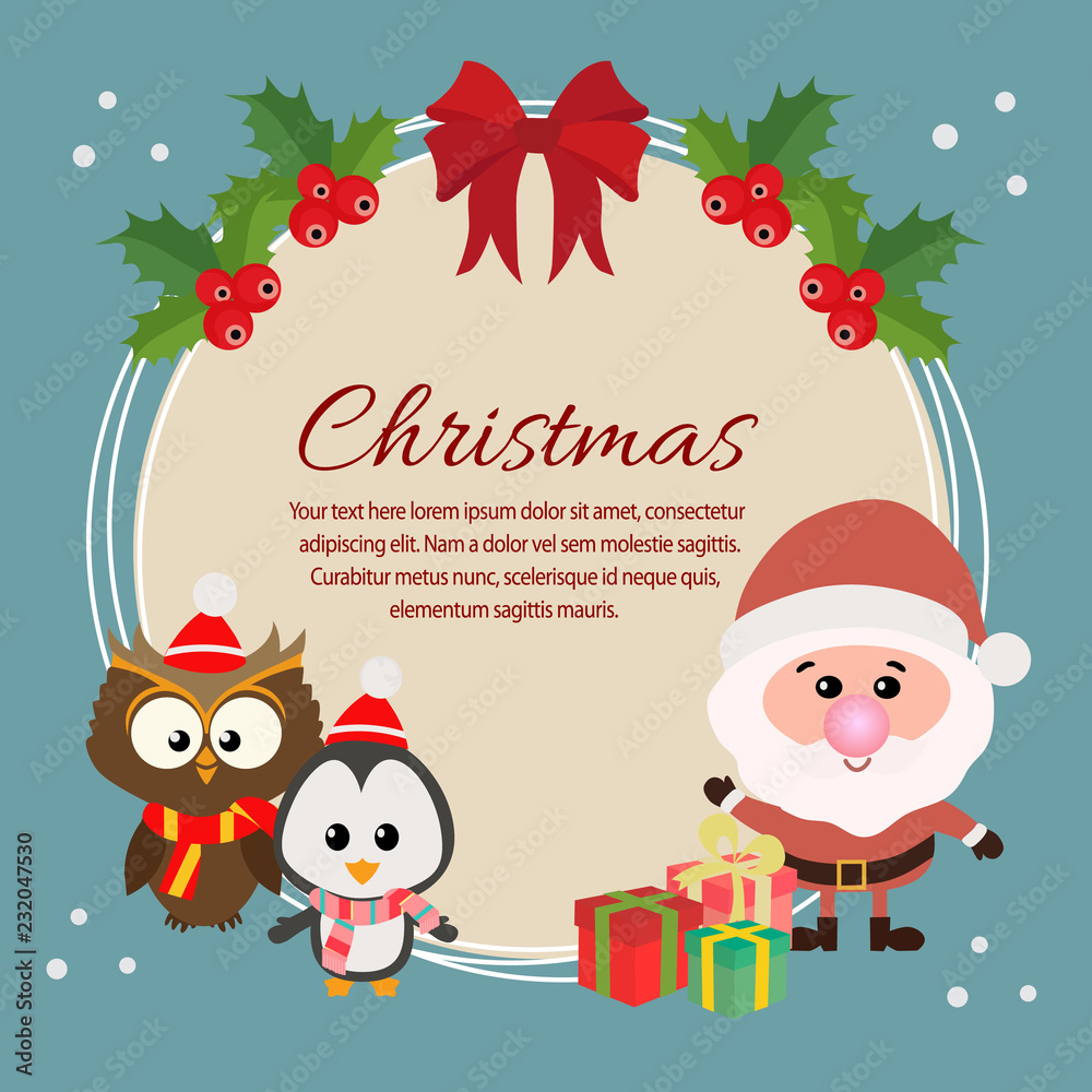 flat style christmas card with santa owl and penguin flat style christmas card with santa owl and penguin