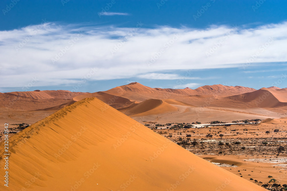 Panoramic view of Sossusvlei dunes under blue sky from Big Daddy dune. Namib Naukluft national park, Namibia.