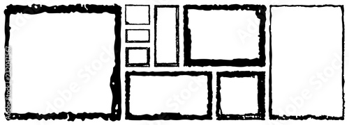 Collection of black square and rectangular grunge frames with torn, damaged edges. Set of hand draw ink empty borders. Vector illustration. 