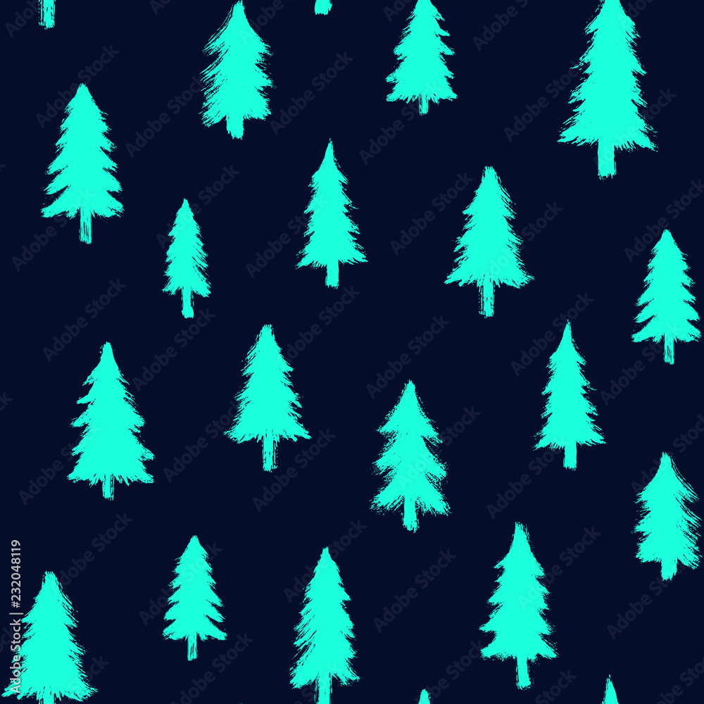 Seamless pattern with green trees isolated on black background. Doodle style grunge shapes.