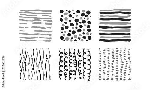 monochrome abstract patterns set, black, gray, white irregular design elements