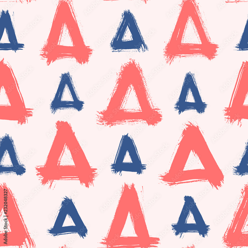 Seamless pattern with colorful hand-drawn triangles isolated on cream-colored background. Rough geometric shapes, pyramids vector backdrop. Ink doodle style abstract grunge texture. Seamless pattern with colorful hand-drawn triangles isolated on cream-colored background. Rough geometric shapes, pyramids vector backdrop. Ink doodle style abstract grunge texture.