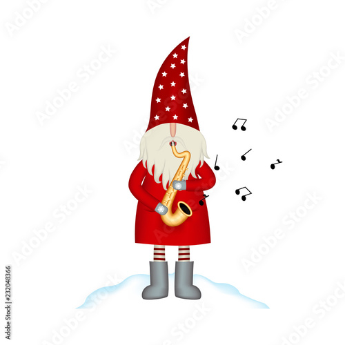 Christmas vector card Santa Claus on white background with saxophone