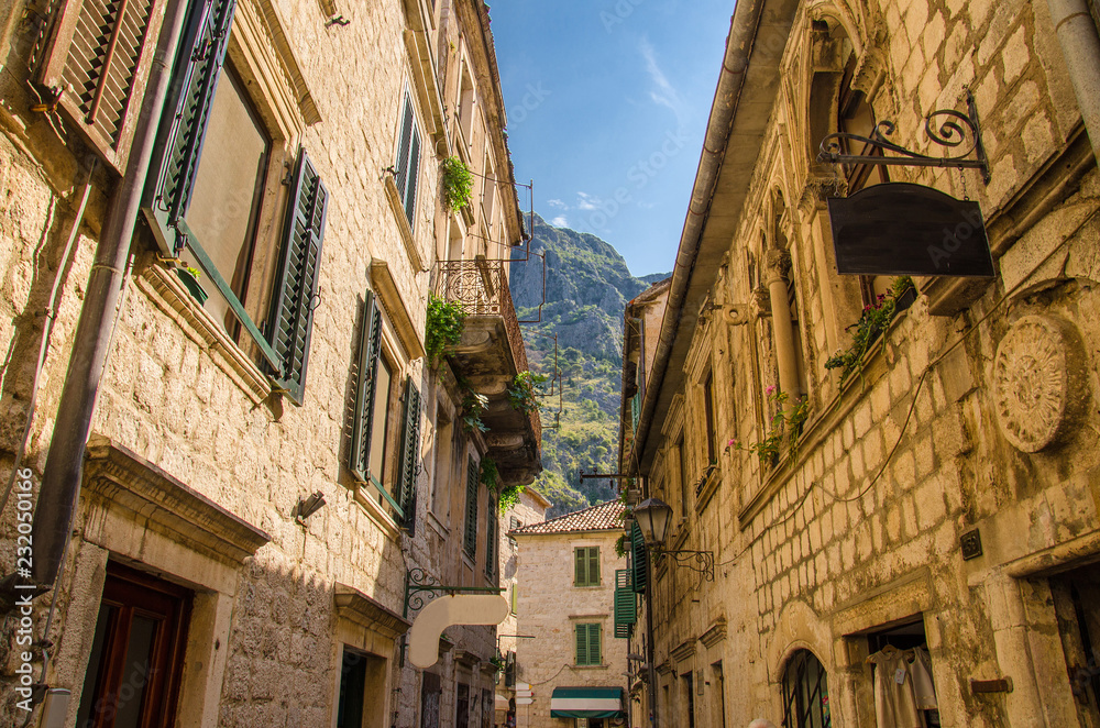 Narrow stone streets of old town Kotor, Montenegro