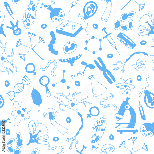 Seamless background with hand drawn icons on the theme of biology,blue silhouettes icons on a white  background