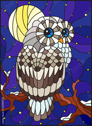 Illustration in stained glass style with white polar owl sitting on a tree branch against the starry sky and the moon