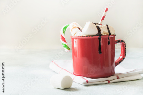 Mug of hot chocolate and cacao with marshmallows with christmas tree branches on white table. Xmas holiday.